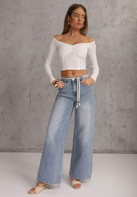 Niebieskie Szerokie Jeansy z Bawełną High Waist z Paskiem Typu Sznurek Caninna