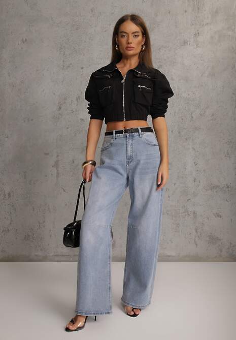 Niebieskie Jeansy Balloon z Bawełną High Waist Pronadina