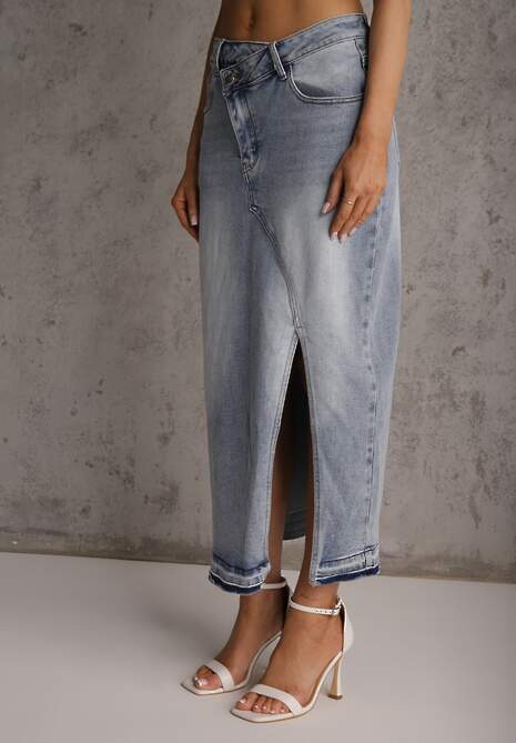 Niebieska Spódnica z Jeansu z Bawełną High Waist o Asymetrycznym Kroju Vikisla 4