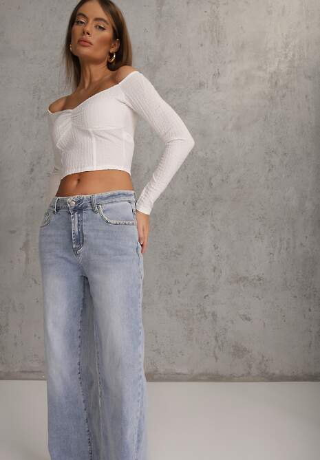 Niebieskie Szerokie Jeansy High Waist z Przeszyciami Tryphile