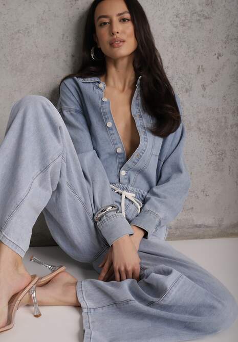 Niebieskie Szerokie Jeansy z Bawełną i Lyocellem i Wiązanym Sznurkiem Lailai