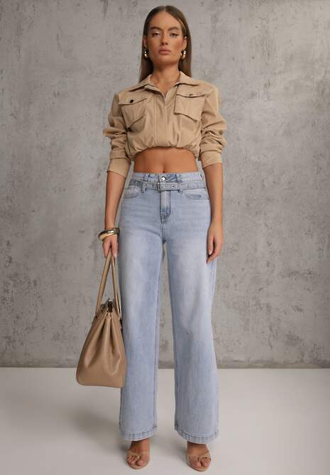 Niebieskie Jeansy Wide Leg High Waist z Bawełną z Denimowym Paskiem Evanna 4