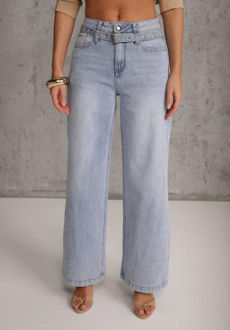 Niebieskie Jeansy Wide Leg High Waist z Bawełną z Denimowym Paskiem Evanna 5