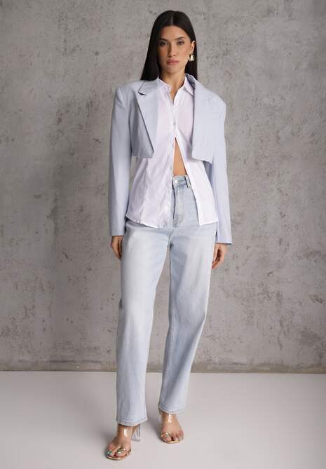 Niebieskie Jeansy z Bawełny Mom Fit High Waist Ozdobione Paskiem Minno