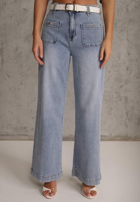 Niebieskie Szerokie Jeansy High Waist z Kieszonkami Thellona 4
