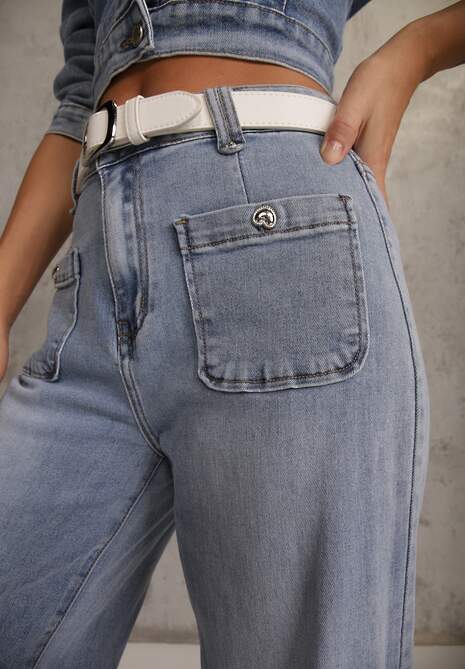Niebieskie Szerokie Jeansy High Waist z Kieszonkami Thellona 5