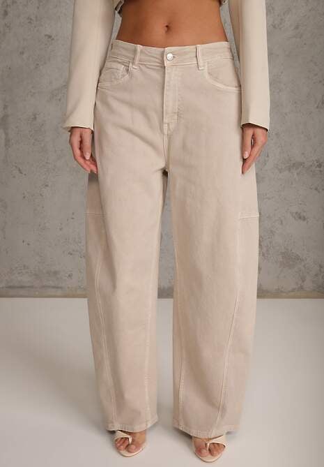 Beżowe Jeansy z Bawełny Typu Balloon High Waist Ozdobione Przeszyciami Eunaris 4