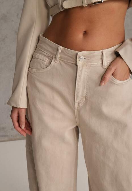 Beżowe Jeansy z Bawełny Typu Balloon High Waist Ozdobione Przeszyciami Eunaris 5