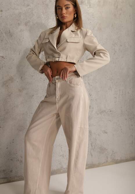 Beżowe Jeansy z Bawełny Typu Balloon High Waist Ozdobione Przeszyciami Eunaris 4