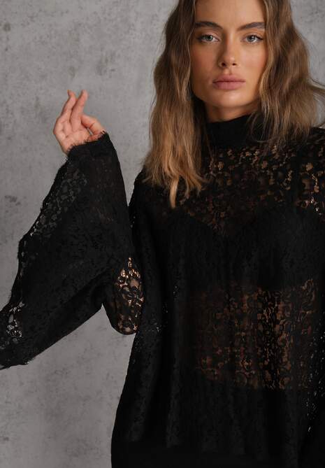 Czarna Koronkowa Bluzka Wiskozowa z Bawełną Ozdobiona Wiązaniem Diomopis 5