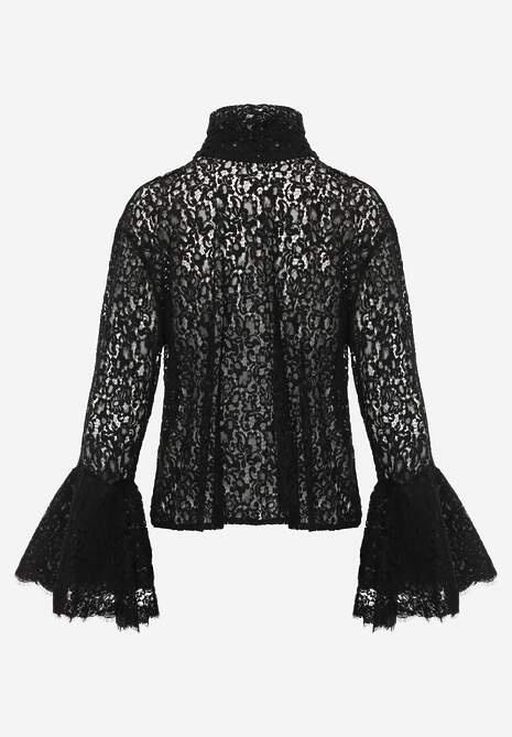 Czarna Koronkowa Bluzka Wiskozowa z Bawełną Ozdobiona Wiązaniem Diomopis 7