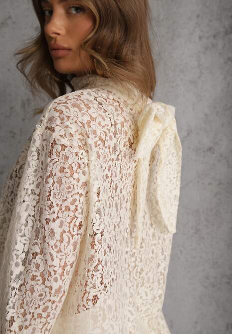 Beżowa Koronkowa Bluzka Wiskozowa z Bawełną Ozdobiona Wiązaniem Diomopis 5