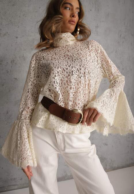 Beżowa Koronkowa Bluzka Wiskozowa z Bawełną Ozdobiona Wiązaniem Diomopis