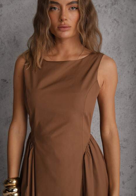 Brązowa Rozkloszowana Sukienka Koktajlowa z Bawełny z Dekoltem Łódką i Kieszeniami Fanilra 5