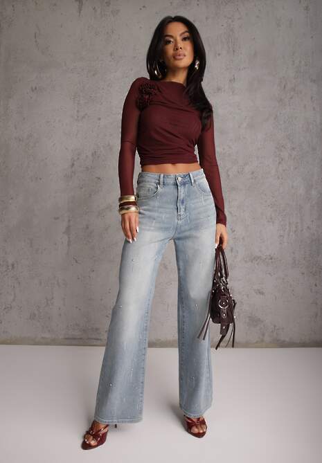 Bordowa Marszczona Bluzka z Siateczki Zdobiona Aplikacją w Kształcie Róży Olirisa 4