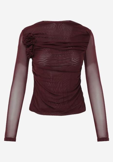 Bordowa Marszczona Bluzka z Siateczki Zdobiona Aplikacją w Kształcie Róży Olirisa 6