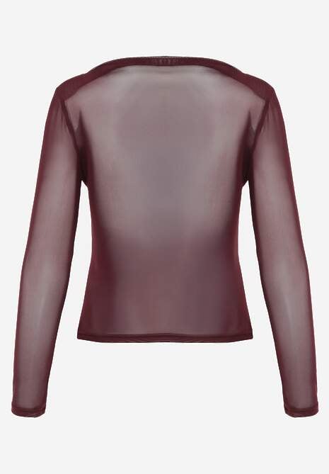 Bordowa Marszczona Bluzka z Siateczki Zdobiona Aplikacją w Kształcie Róży Olirisa 7