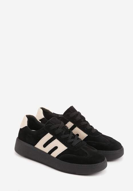 Czarne Sneakersy Skórzane w Stylu Tenisówek z Geometrycznym Wzorem Eshiryla 5