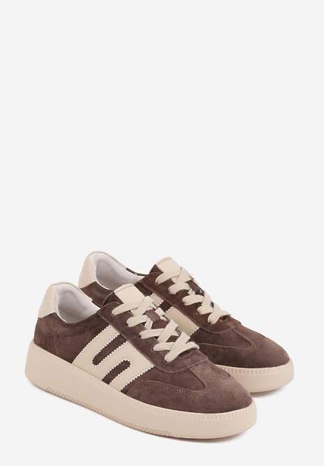 Brązowe Sneakersy Skórzane w Stylu Tenisówek z Geometrycznym Wzorem Eshiryla 5