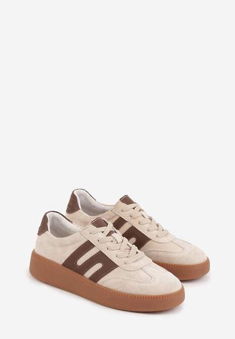 Beżowe Sneakersy Skórzane w Stylu Tenisówek z Geometrycznym Wzorem Eshiryla 5