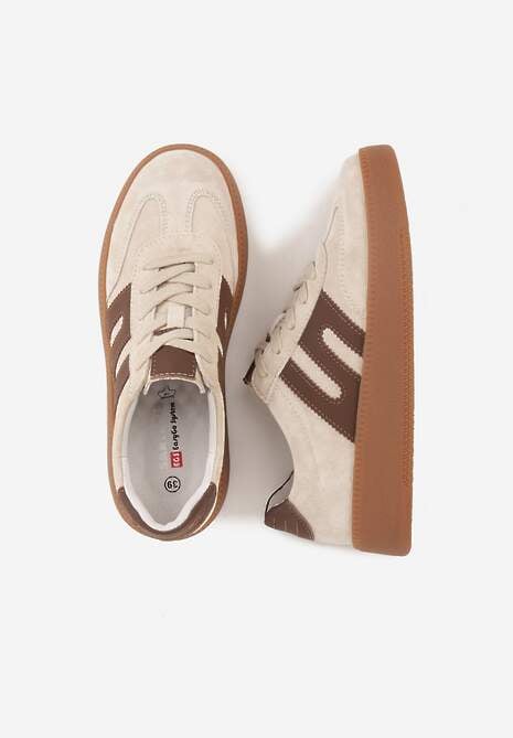 Beżowe Sneakersy Skórzane w Stylu Tenisówek z Geometrycznym Wzorem Eshiryla 6