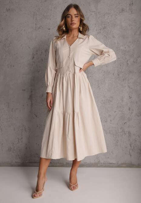 Beżowa Rozkloszowana Sukienka Koszulowa z Bawełny i Wiskozy Zdobiona Klapami Gleta 4