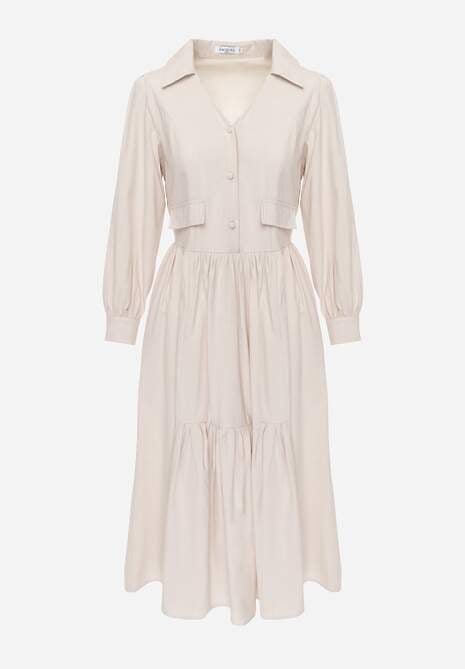 Beżowa Rozkloszowana Sukienka Koszulowa z Bawełny i Wiskozy Zdobiona Klapami Gleta 6