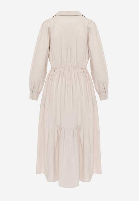 Beżowa Rozkloszowana Sukienka Koszulowa z Bawełny i Wiskozy Zdobiona Klapami Gleta 7