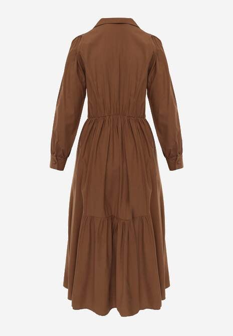Brązowa Rozkloszowana Sukienka Koszulowa z Bawełny i Wiskozy Zdobiona Klapami Gleta 7