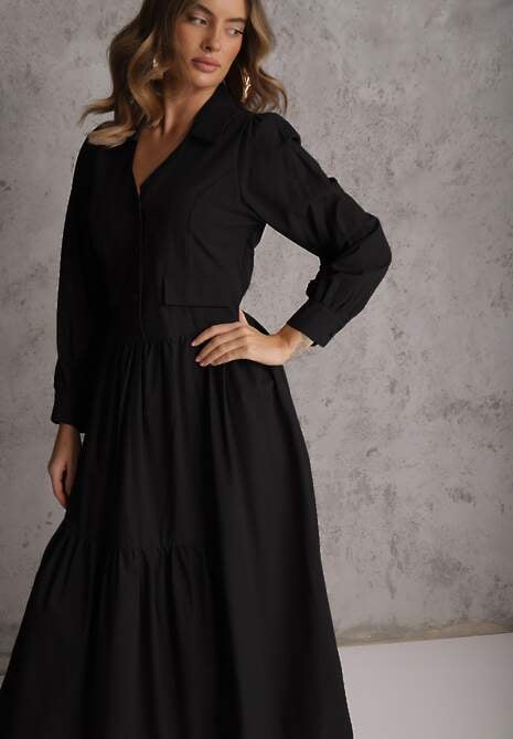 Czarna Rozkloszowana Sukienka Koszulowa z Bawełny i Wiskozy Zdobiona Klapami Gleta 4