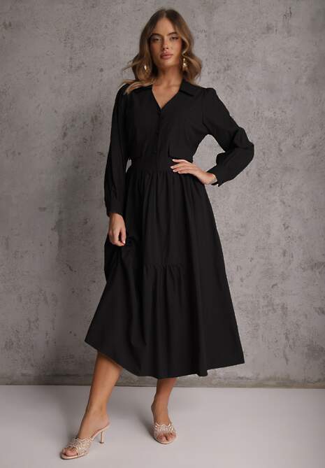 Czarna Rozkloszowana Sukienka Koszulowa z Bawełny i Wiskozy Zdobiona Klapami Gleta