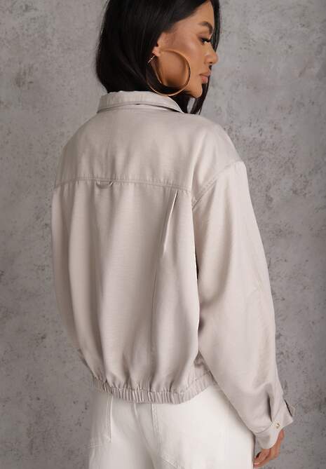 Beżowa Kurtka Bomberka Oversize z Paskami przy Rękawach Lann