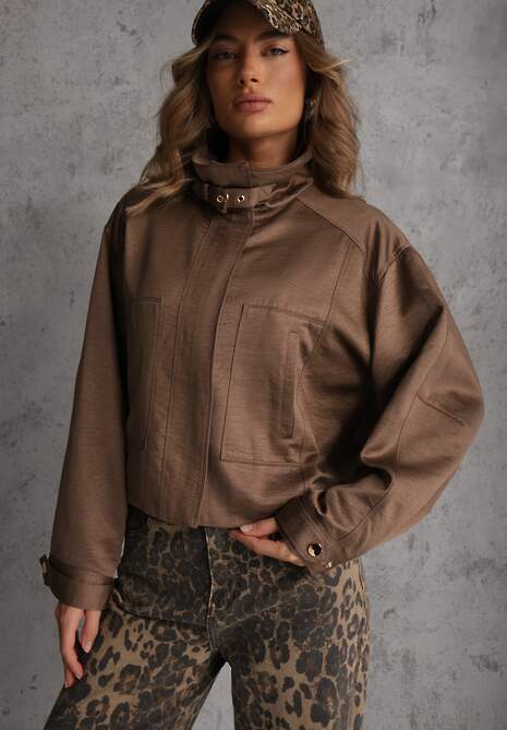 Brązowa Kurtka Bomberka Oversize z Paskami przy Rękawach Lann 4