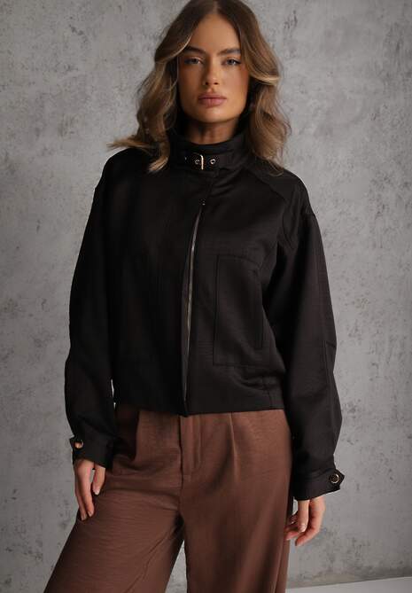 Czarna Kurtka Bomberka Oversize z Paskami przy Rękawach Lann 4