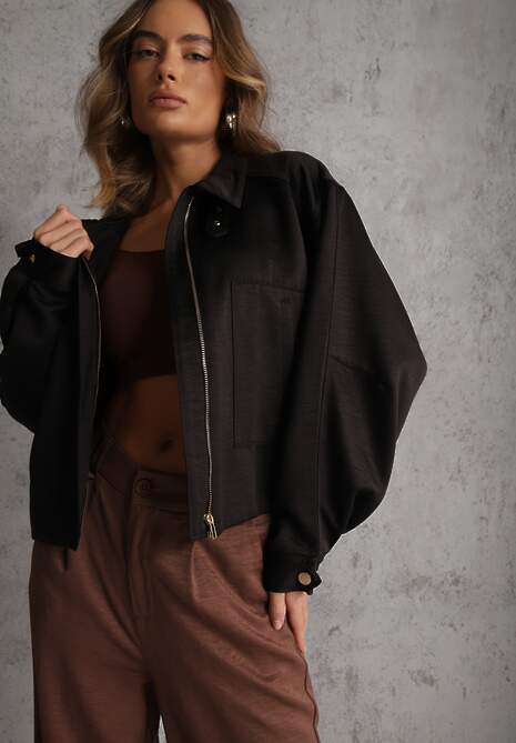 Czarna Kurtka Bomberka Oversize z Paskami przy Rękawach Lann