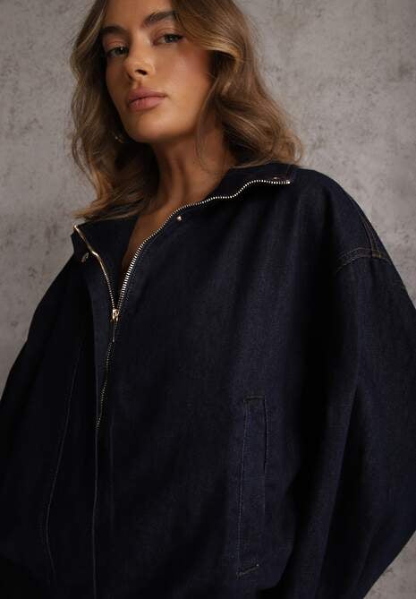 Granatowa Przejściowa Kurtka Jeansowa Balloon z Bawełny z Kołnierzykiem Abijena 5