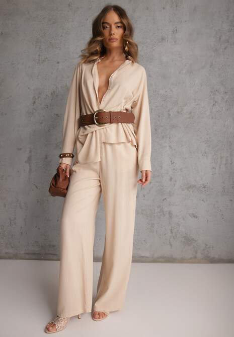 Beżowy Komplet z Wiskozy Spodnie Szerokie i Koszula z Ozdobnym Materiałem Airial 4