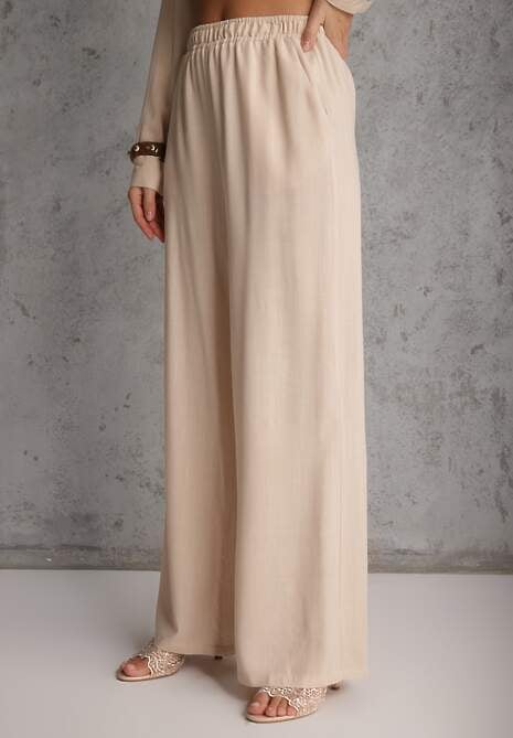 Beżowy Komplet z Wiskozy Spodnie Szerokie i Koszula z Ozdobnym Materiałem Airial 5