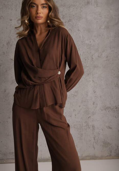 Brązowy Komplet z Wiskozy Spodnie Szerokie i Koszula z Ozdobnym Materiałem Airial 4