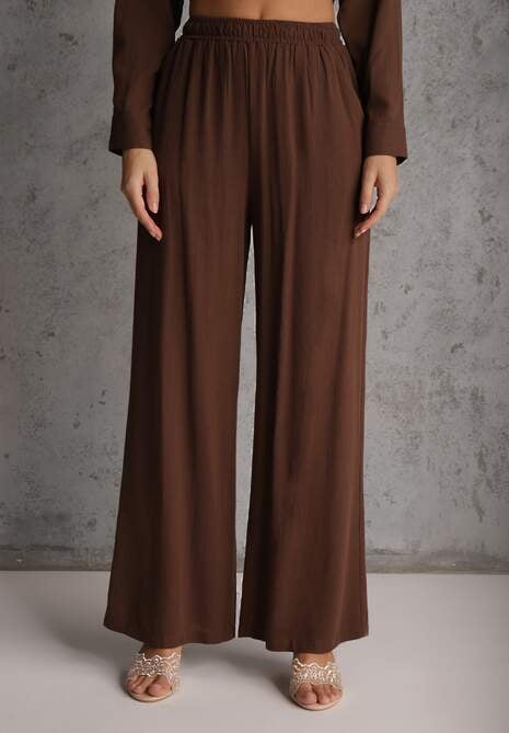Brązowy Komplet z Wiskozy Spodnie Szerokie i Koszula z Ozdobnym Materiałem Airial 5