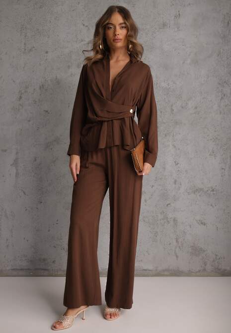 Brązowy Komplet z Wiskozy Spodnie Szerokie i Koszula z Ozdobnym Materiałem Airial