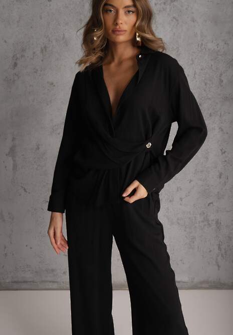 Czarny Komplet z Wiskozy Spodnie Szerokie i Koszula z Ozdobnym Materiałem Airial 4