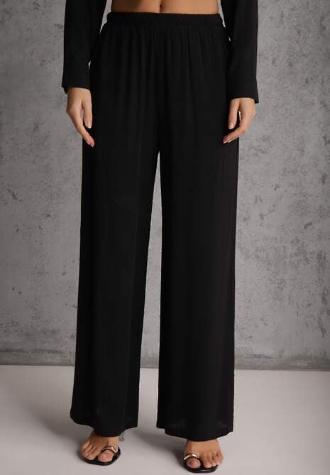 Czarny Komplet z Wiskozy Spodnie Szerokie i Koszula z Ozdobnym Materiałem Airial 5