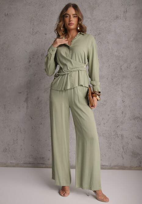 Zielony Komplet z Wiskozy Spodnie Szerokie i Koszula z Ozdobnym Materiałem Airial 5
