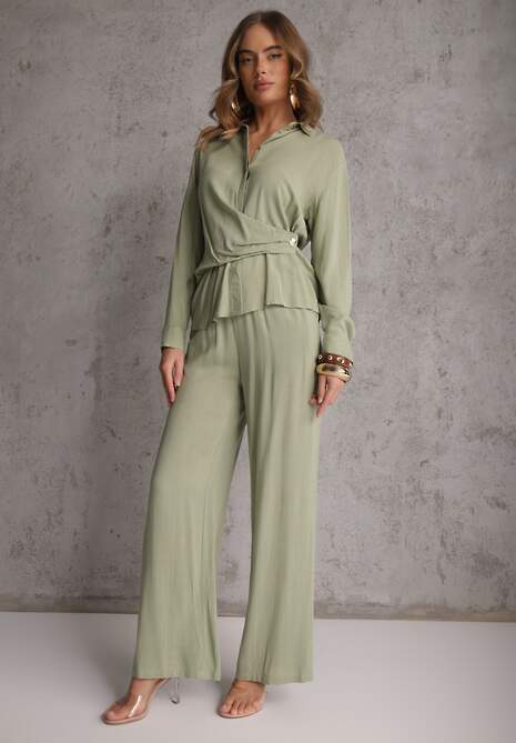 Zielony Komplet z Wiskozy Spodnie Szerokie i Koszula z Ozdobnym Materiałem Airial