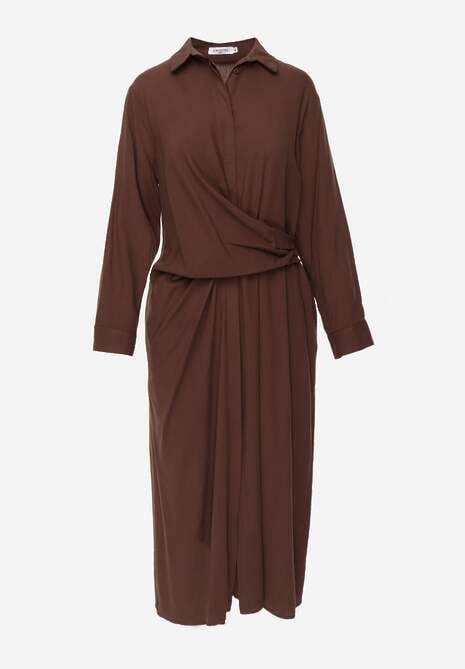 Brązowa Koszulowa Sukienka z Wiskozy z Asymetrycznym Drapowaniem i Guzikiem Hetasa 6
