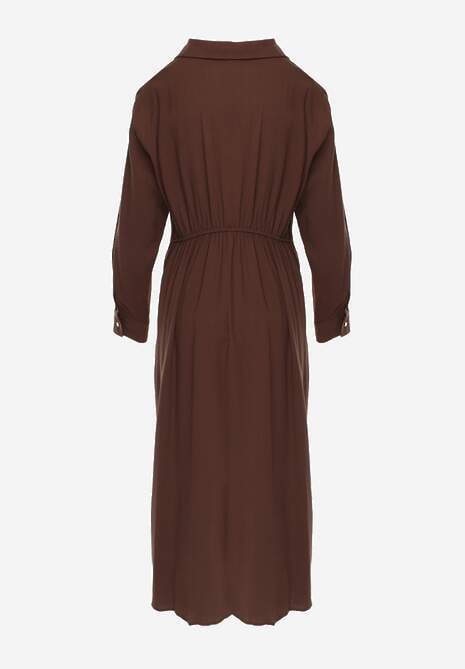 Brązowa Koszulowa Sukienka z Wiskozy z Asymetrycznym Drapowaniem i Guzikiem Hetasa 7
