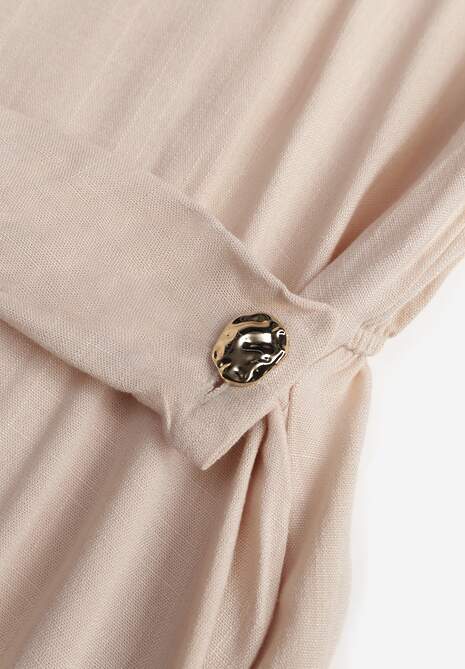 Beżowa Koszulowa Sukienka z Wiskozy z Asymetrycznym Drapowaniem i Guzikiem Hetasa 6