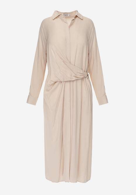 Beżowa Koszulowa Sukienka z Wiskozy z Asymetrycznym Drapowaniem i Guzikiem Hetasa 6
