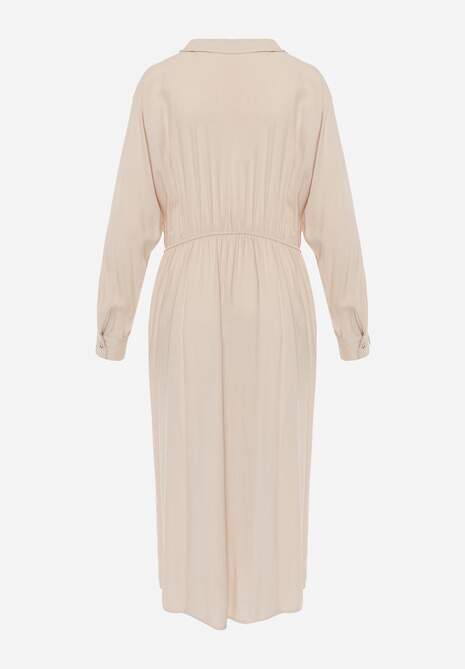 Beżowa Koszulowa Sukienka z Wiskozy z Asymetrycznym Drapowaniem i Guzikiem Hetasa 7